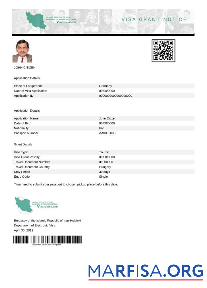 Printable Iran e visa in Word and Pdf template